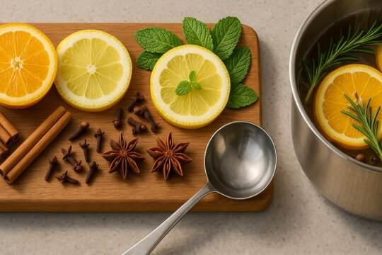 A wooden cutting board displays sliced lemons, oranges, cinnamon sticks, star anise, and fresh mint. A pot with simmering herbs and citrus is nearby.
