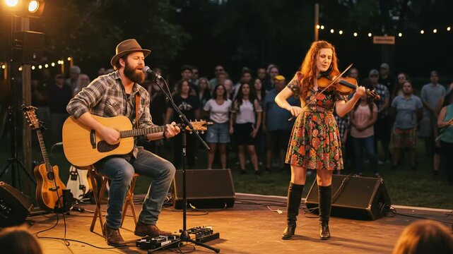 Acoustic musical duo performing live on an outdoor stage at night