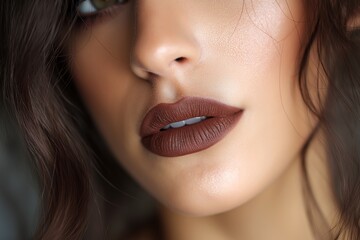 Close-up of matte brown lipstick on female lips. High-detail beauty shot showcasing matte brown lipstick on softly lit lips, ideal for makeup, cosmetics, fashion, and skincare themes.

