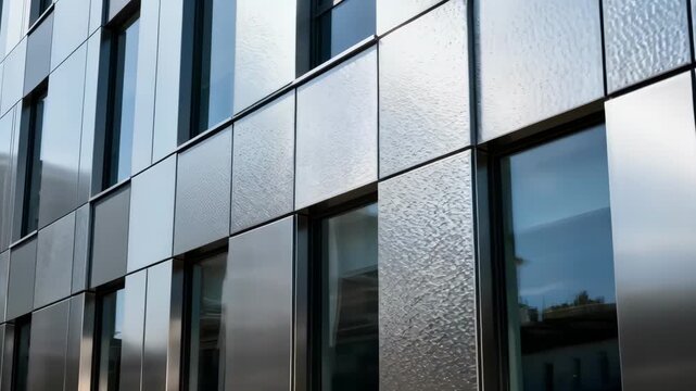 Medium frame highlighting textured aluminum architectural panels installed on a contemporary office building under bright daylight.