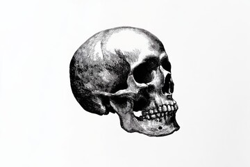 Obraz premium A grayscale illustration of a human skull, representing mortality and the afterlife