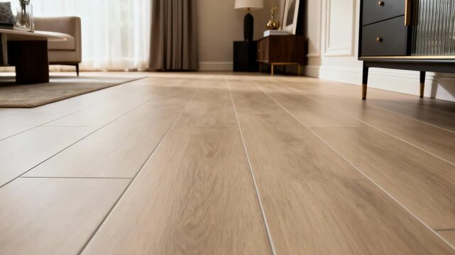 Medium shot capturing the seamless installation of luxury vinyl tile emphasizing upscale aesthetic and practical benefits in a refined room decor