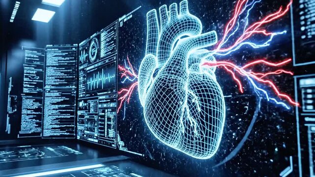 Futuristic medical concept showing a heart mesh superimposed over data panels