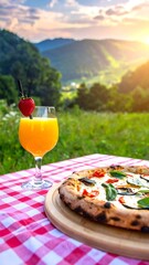 Summertime pizza and juice, set on picnic table, with scenic mountain view