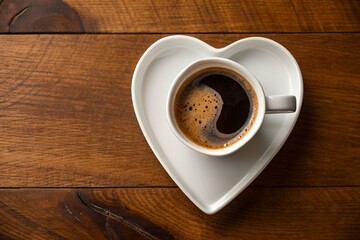 Fototapeta premium Morning Brew: An inviting cup of rich, dark coffee sits delicately in a heart-shaped saucer, placed on a rustic wooden table, creating a sense of warmth and comfort.