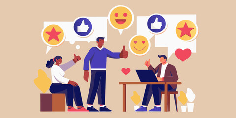 Diverse team giving positive feedback with thumbs up and emoji icons