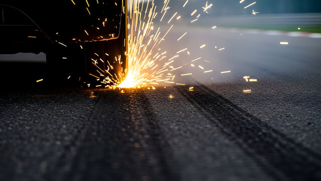 Racing Car Tire Burnout Creating Sparks and Smoke on Track