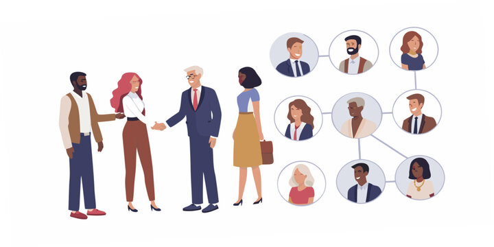 Diverse business team meeting and networking with organizational chart illustration