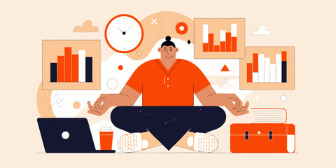 Business man meditating for stress relief in a modern office setting