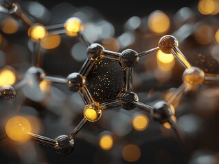 Stunning molecular structure with glowing golden nodes, perfect for cutting-edge science, technology, or innovative research visuals in a modern, elegant style