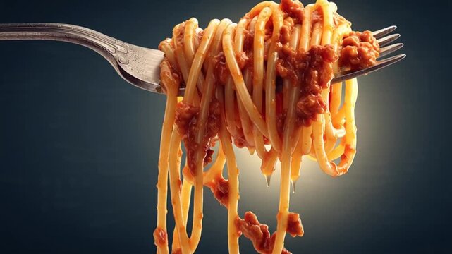 Swirling spaghetti saucerich tangle on shiny fork