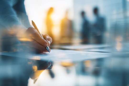 A Business Professional Engaged in Document Signing with Colleagues in the Background During a Bright and Productive Meeting Environment