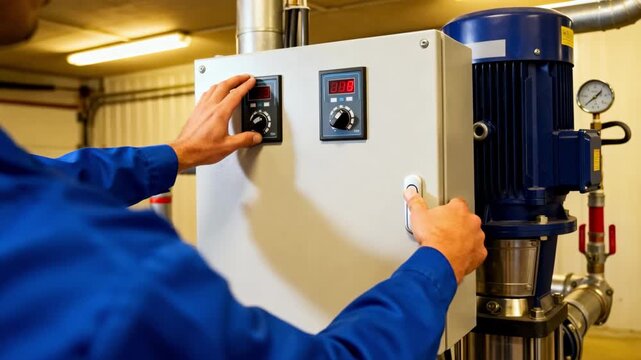 Worker adjusting the control panel of a water pressure booster pump in a commercial building to maintain consistent water pressure.