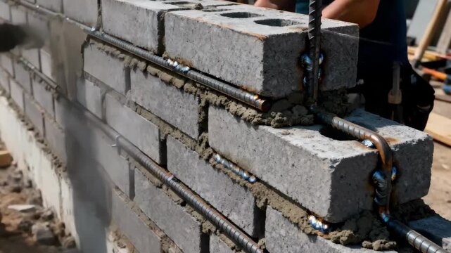 Medium shot of a reinforced brick cladding installation displaying durable construction with embedded steel supports for enhanced strength and longevity.