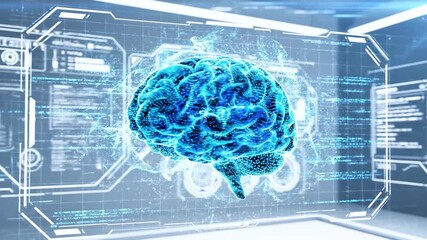 A glowing, futuristic rendering of a human brain in a digital interface - Powered by Adobe