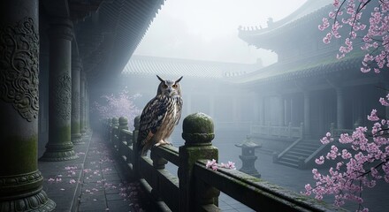 Majestic Owl Perched on a Railing in a Misty Ancient Asian Courtyard.