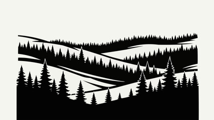Silhouette of a forest landscape with trees and hills in black and white.