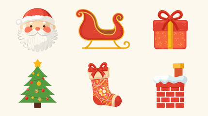 Fototapeta premium Collection of cute cartoon christmas icons including santa claus face, sleigh, gift box, tree, stocking, and chimney