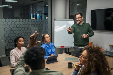 Business professional presenting ideas to diverse team meeting