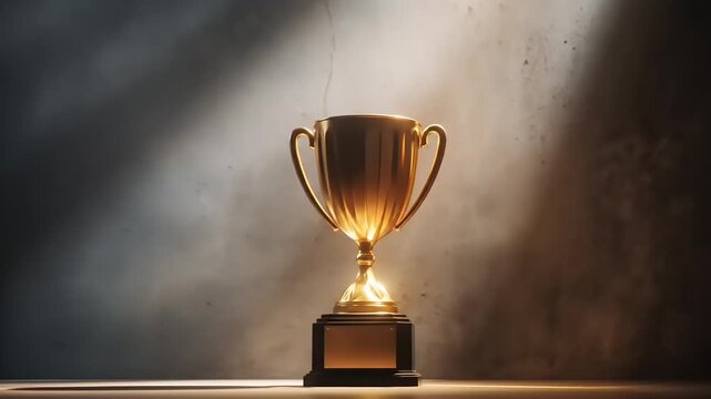 Golden trophy lit by dramatic spotlight in dark setting