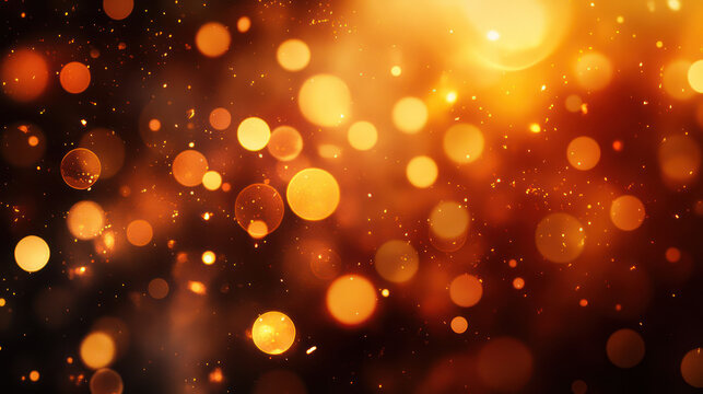 Warm glowing bokeh lights and dust particles on a dark background