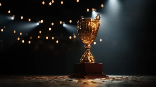 Golden trophy on stage lit by spotlights with dark background