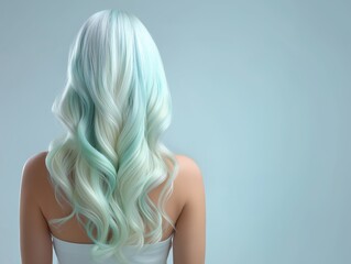 Fototapeta premium Stunning wavy hairstyle with unique blue and white ombre, perfect for a vibrant and eye-catching makeover, ideal for beauty and fashion campaigns