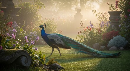 Majestic Peacock Struts Through a Sun-Drenched Garden.