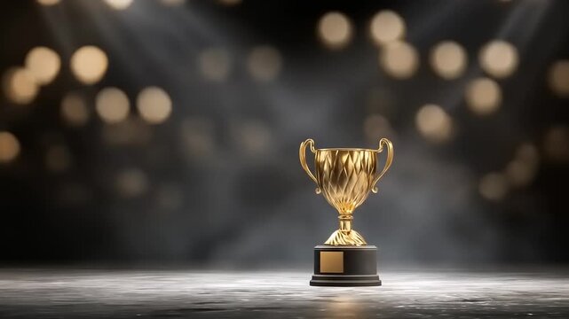 Golden trophy illuminated by spotlight against blurred background