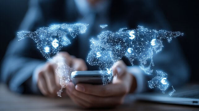 Exploring Global Finance: A Person Interacting with Mobile Currency Symbols and Digital World Connections