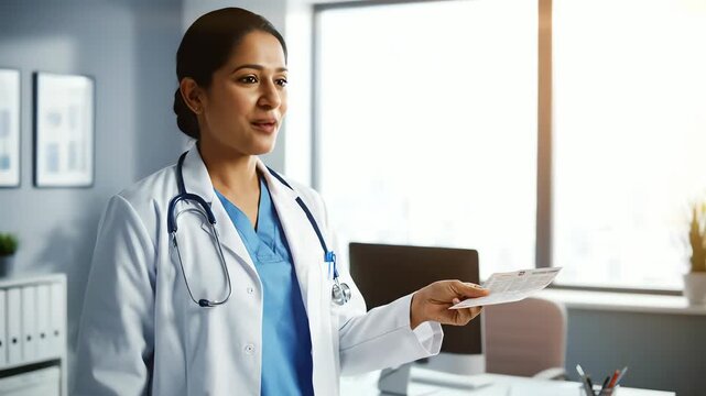 Confident Indian Doctor Holding Documents, Providing Medical Consultation in a Bright Modern Clinic Setting