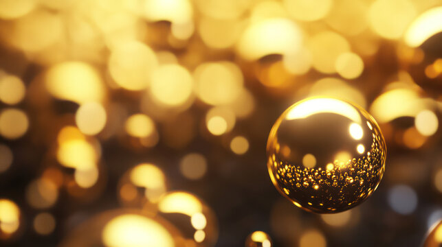 Abstract golden bokeh lights and a single reflective sphere