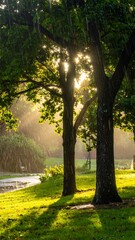 Sunbeams through trees in park