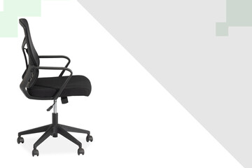 Chair side view for Home Office Use Contemporary Study black Chair with Breathable Perforated Design Adjustable Task Chair with Padded Seat and Arm Support white design background.