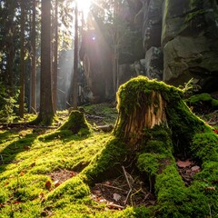 Sun-dappled forest scene, with mossy tree stump, rocks, & tall trees