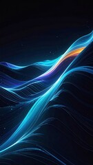 Abstract depiction of flowing, glowing lines in shades of blue, purple, and orange against a dark background.