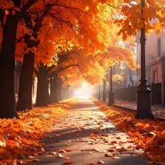 Sun-drenched pathway through vibrant autumn trees, leaves scattered on ground