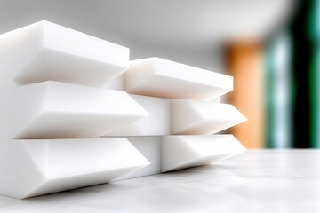 An abstract architectural design featuring a white geometric structure with sharp edges, set against a blurred background in a modern interior, illuminated by s