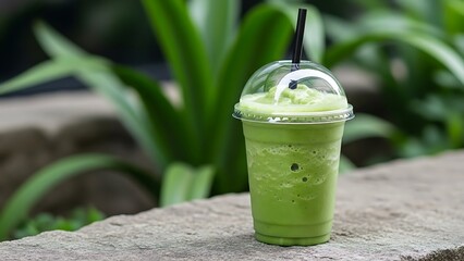 Iced green tea smoothie in plastic cup sitting on stone surface