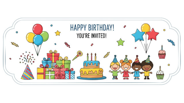 Festive Birthday Party Invitation Design with Cheerful Cartoon Kids and Colorful Decorations - Powered by Adobe