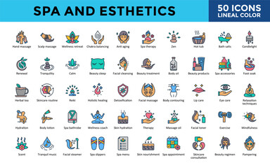 Spa and Esthetics icons set with scalp massage, wellness retreat, chakra balancing, anti aging icon. Simple lineal color vector illustration. Editable stroke 
