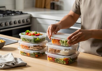 Efficient Meal Preparation for a Healthy Lifestyle A Person Neatly Arranging Freshly Cooked Nutritious Food in Stackable Containers within a Modern Kitchen Setting