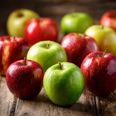 A colorful display of fresh red and green apples on a rustic wooden table for fruit enthusiasts