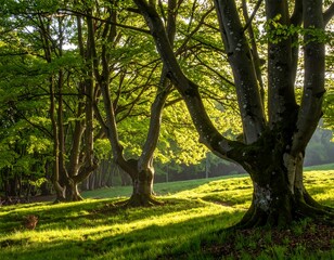 Sunlight bathes trees in a forest, illuminating vibrant green foliage and grass