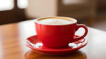 Red cup of cappuccino coffee on a wooden table indoors