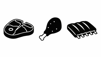 Set of three black and white icons representing different types of meat.