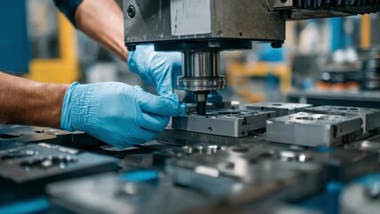 Medium shot of a technician carefully handling stamping tools designed for waste minimization highlighting resource conservation in modern production lines.