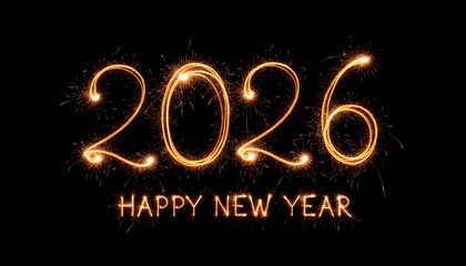 Sparkling light trails form the numbers "2026" above the words "Happy New Year" against a black background.