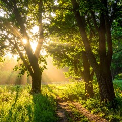 Sunlight filters through a green canopy, illuminating a forest path