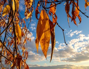 Sunlight filters through amber leaves and branches against a bright blue sky